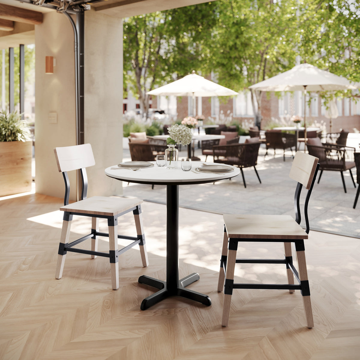 White Faux Marble/Black Base |#| Commercial 31.25" White Faux Marble HPL Tabletop with Black Table Height X Base