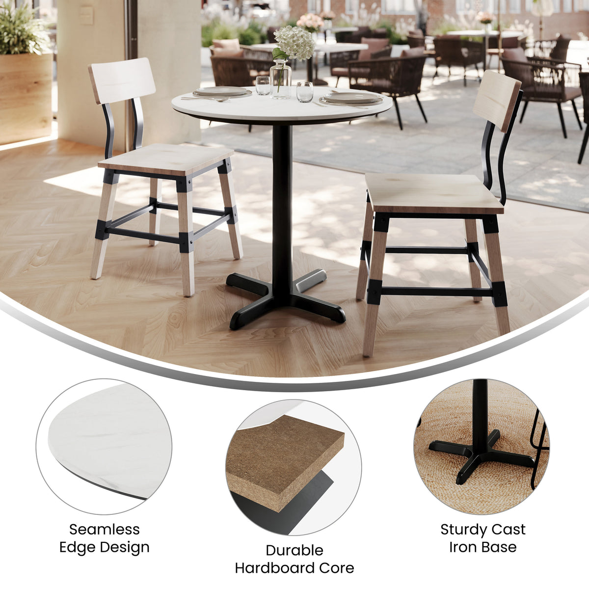 White Faux Marble/Black Base |#| Commercial 31.25" White Faux Marble HPL Tabletop with Black Table Height X Base