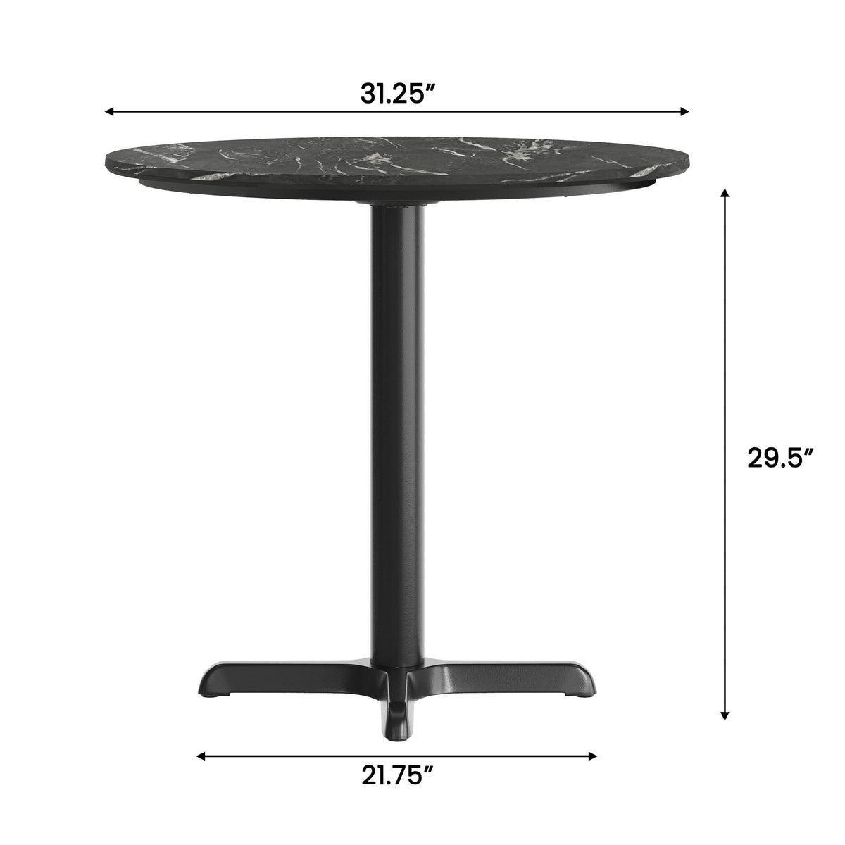 Black Faux Marble/Black Base |#| Commercial 31.25" Black Faux Marble HPL Tabletop with Black Table Height X Base
