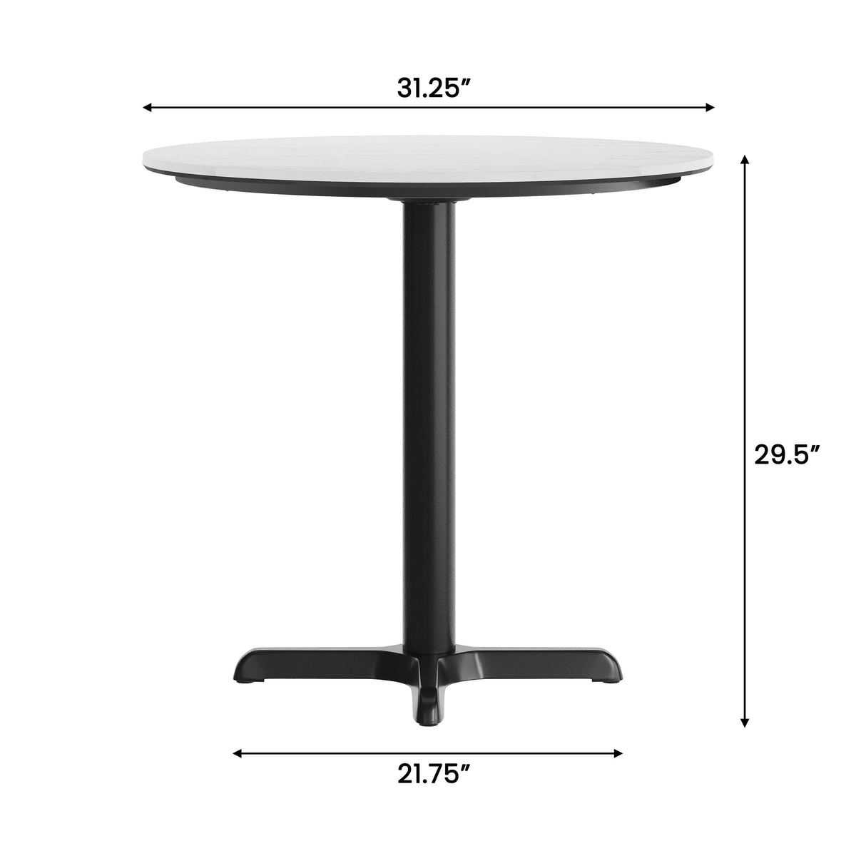 White Faux Marble/Black Base |#| Commercial 31.25" White Faux Marble HPL Tabletop with Black Table Height X Base
