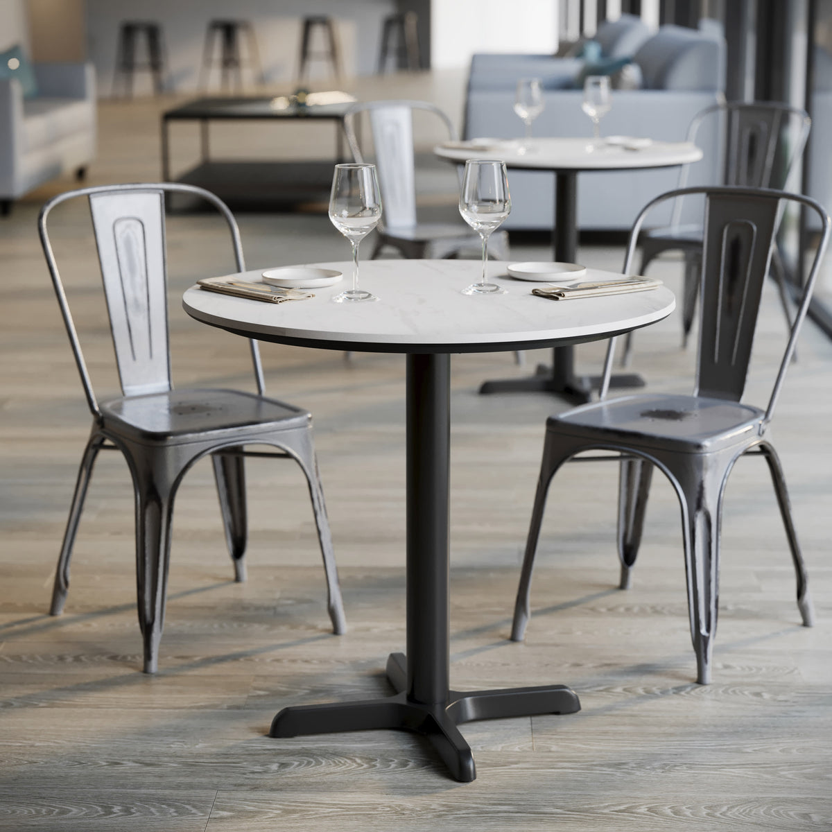 White Faux Marble/Black Base |#| Commercial 31.25" White Faux Marble HPL Tabletop with Black Table Height X Base