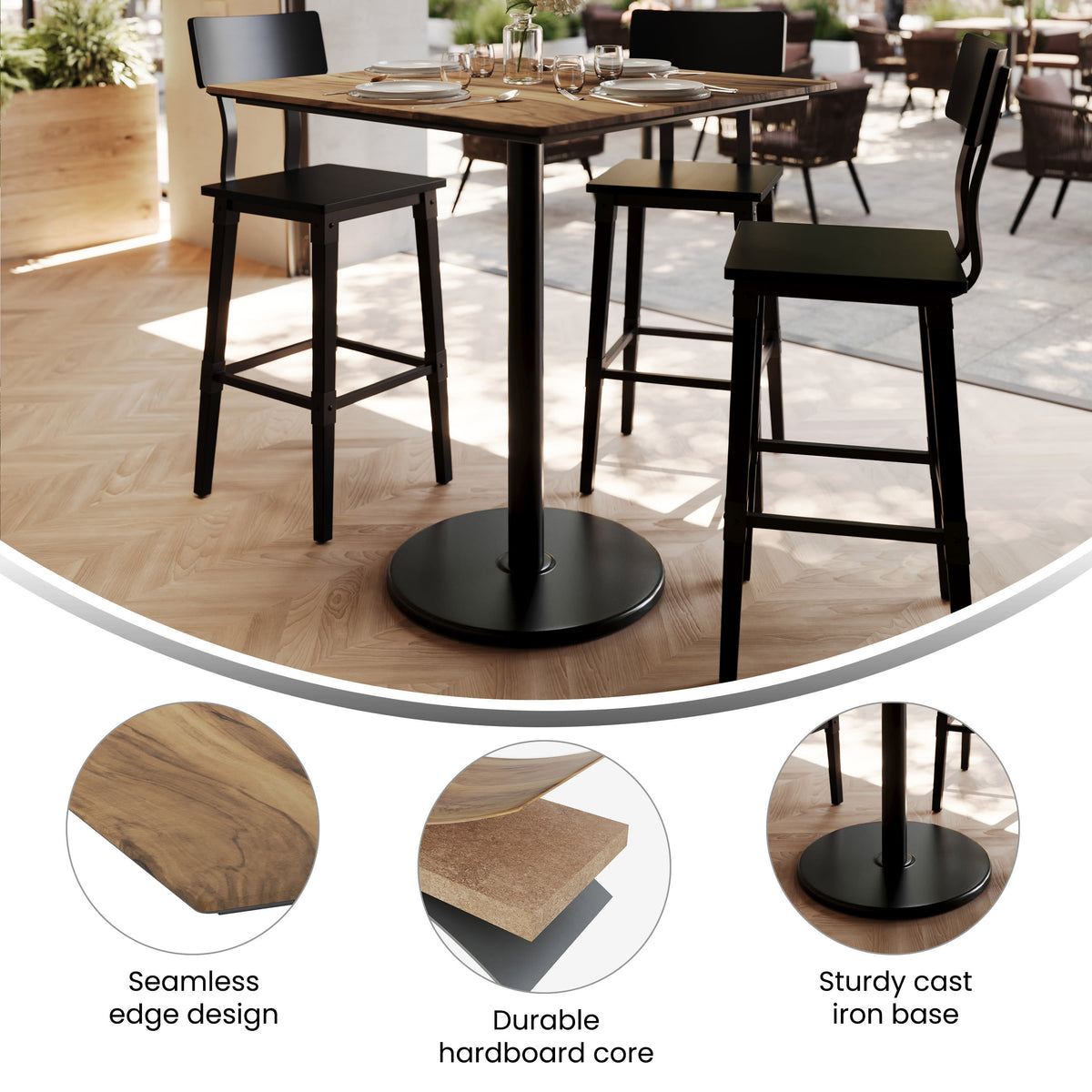 Natural/Black Base |#| Commercial 36" SQ Natural HPL Tabletop with Black Bar Height RD Base
