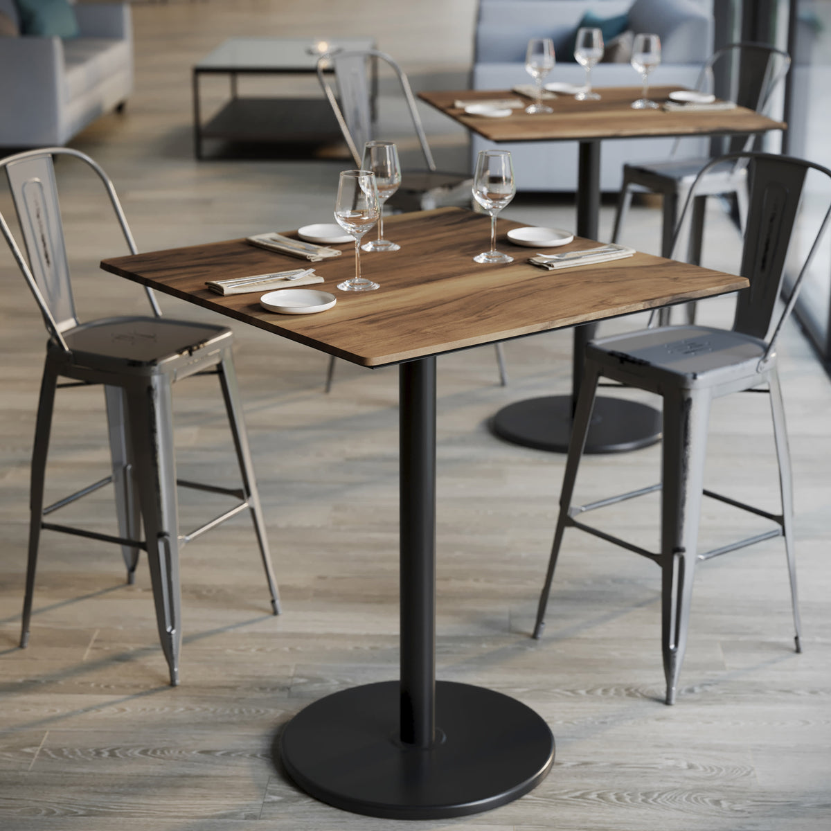 Natural/Black Base |#| Commercial 36" SQ Natural HPL Tabletop with Black Bar Height RD Base