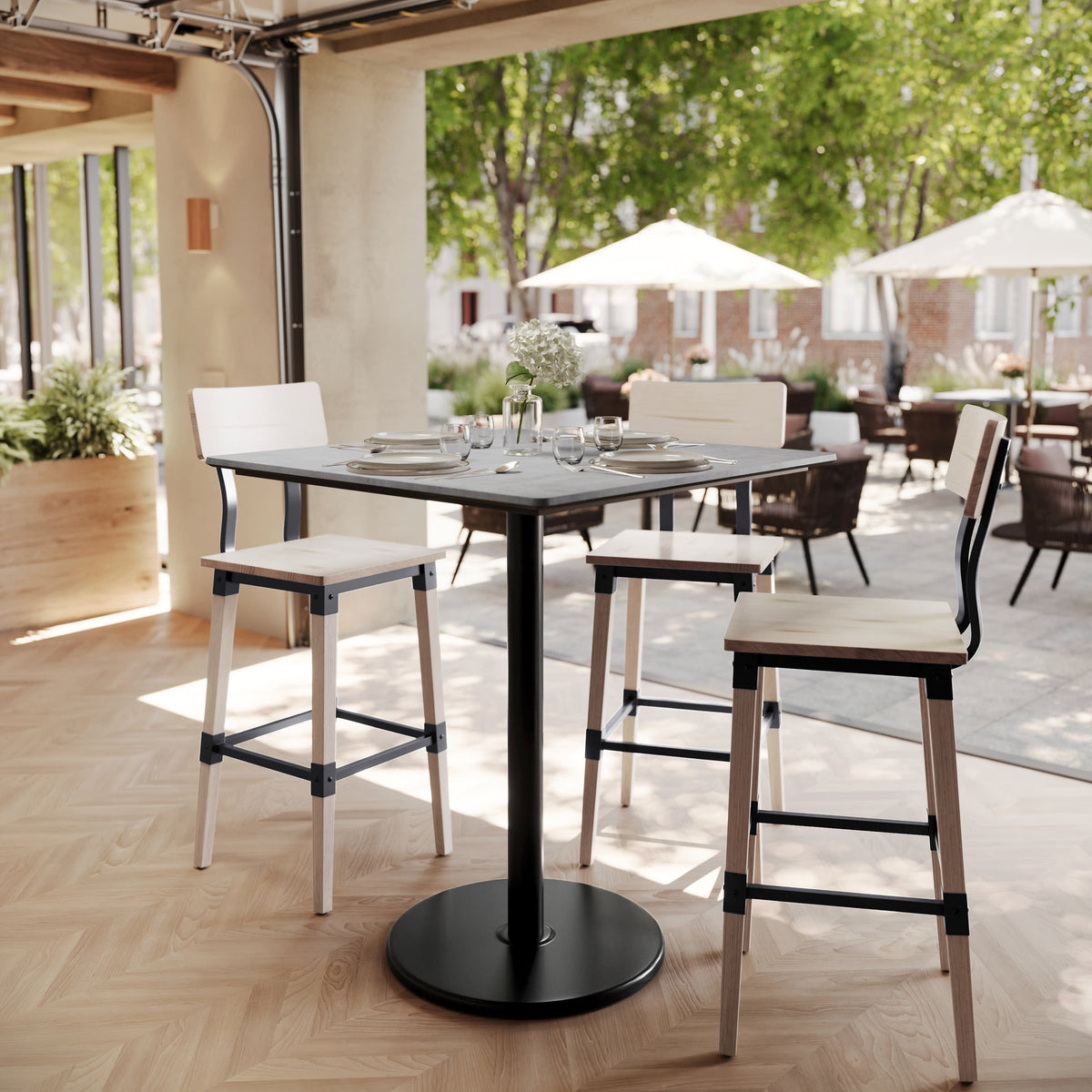 Gray Faux Concrete/Black Base |#| Commercial 36" SQ Gray Faux Concrete HPL Tabletop with Black Bar Height RD Base