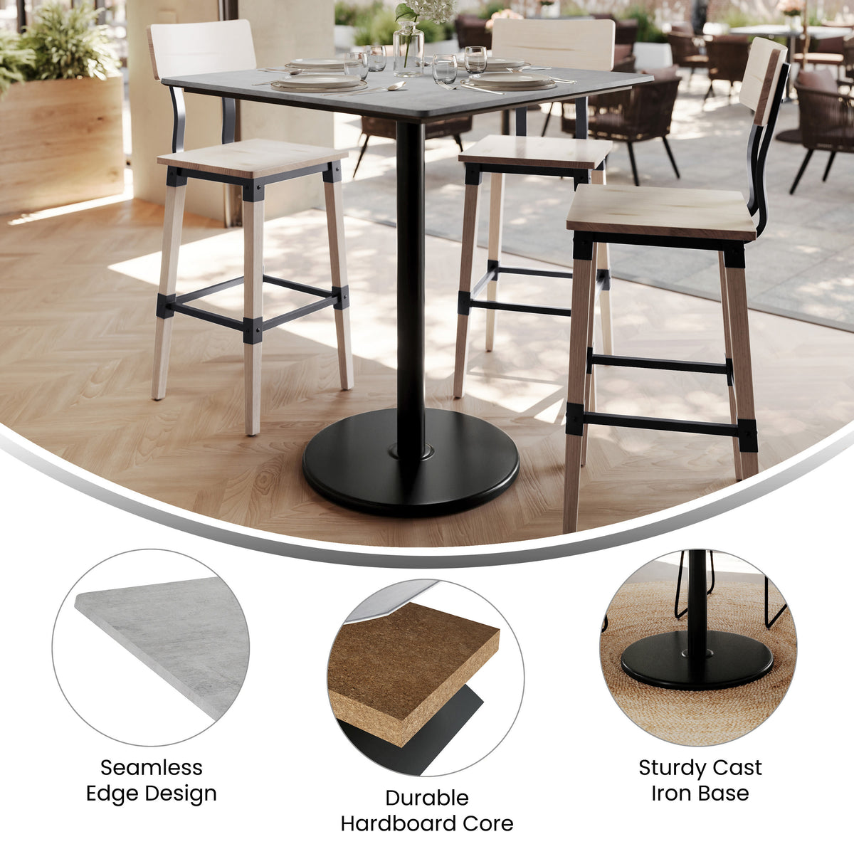 Gray Faux Concrete/Black Base |#| Commercial 36" SQ Gray Faux Concrete HPL Tabletop with Black Bar Height RD Base