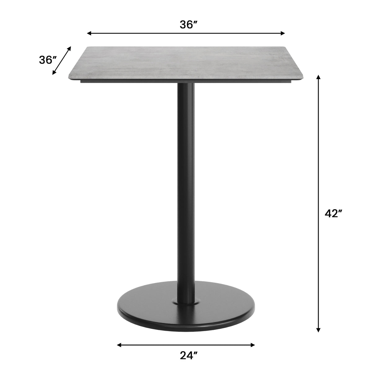 Gray Faux Concrete/Black Base |#| Commercial 36" SQ Gray Faux Concrete HPL Tabletop with Black Bar Height RD Base