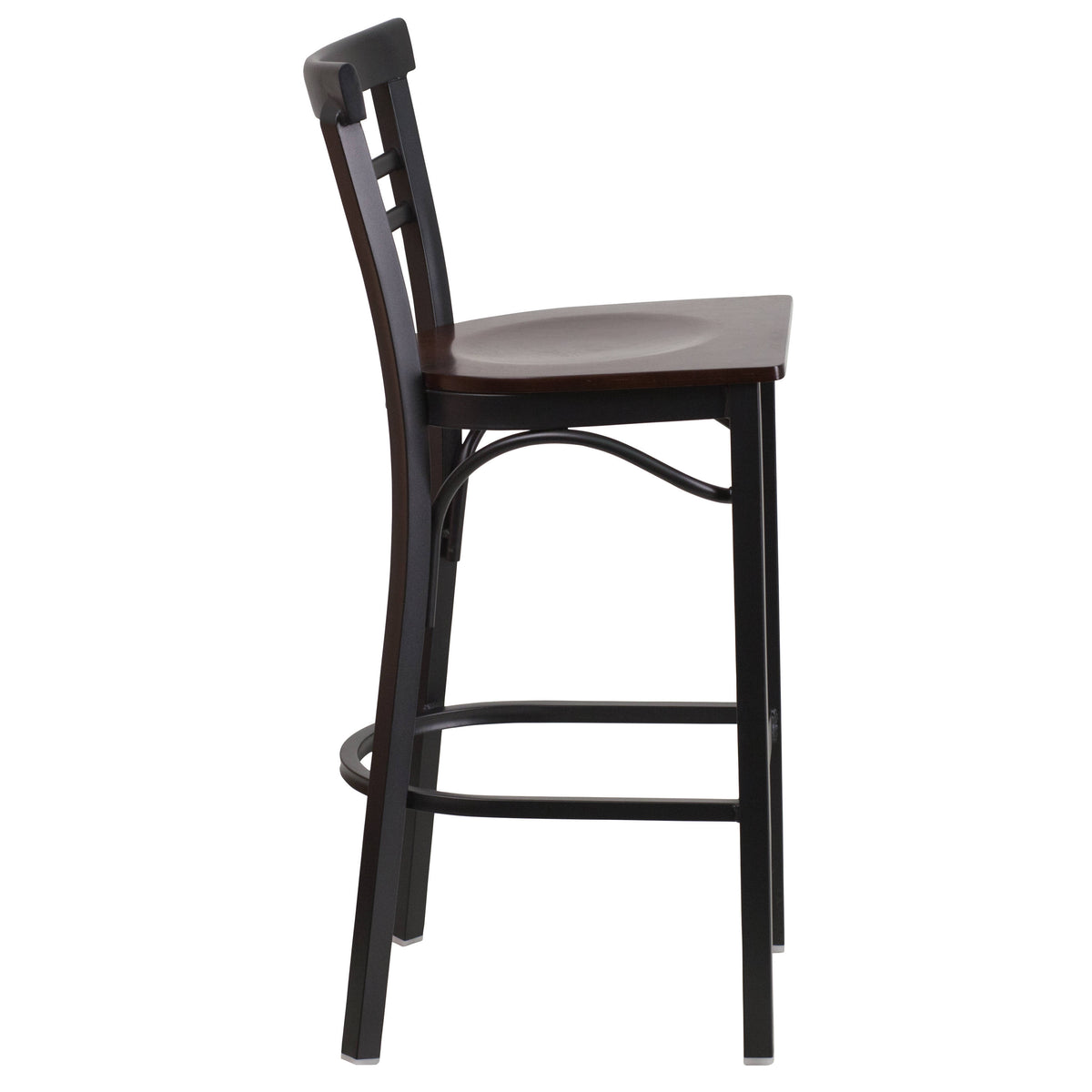 Walnut Wood Seat/Black Metal Frame |#| Black Two-Slat Ladder Back Metal Restaurant Barstool - Walnut Wood Seat