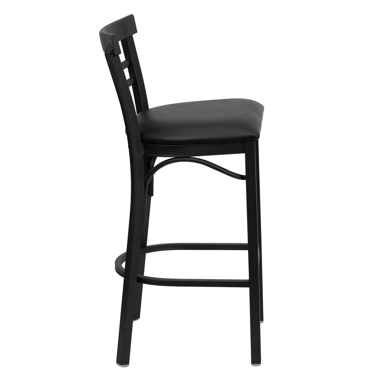 Black Vinyl Seat/Black Metal Frame |#| Black Two-Slat Ladder Back Metal Restaurant Barstool - Black Vinyl Seat