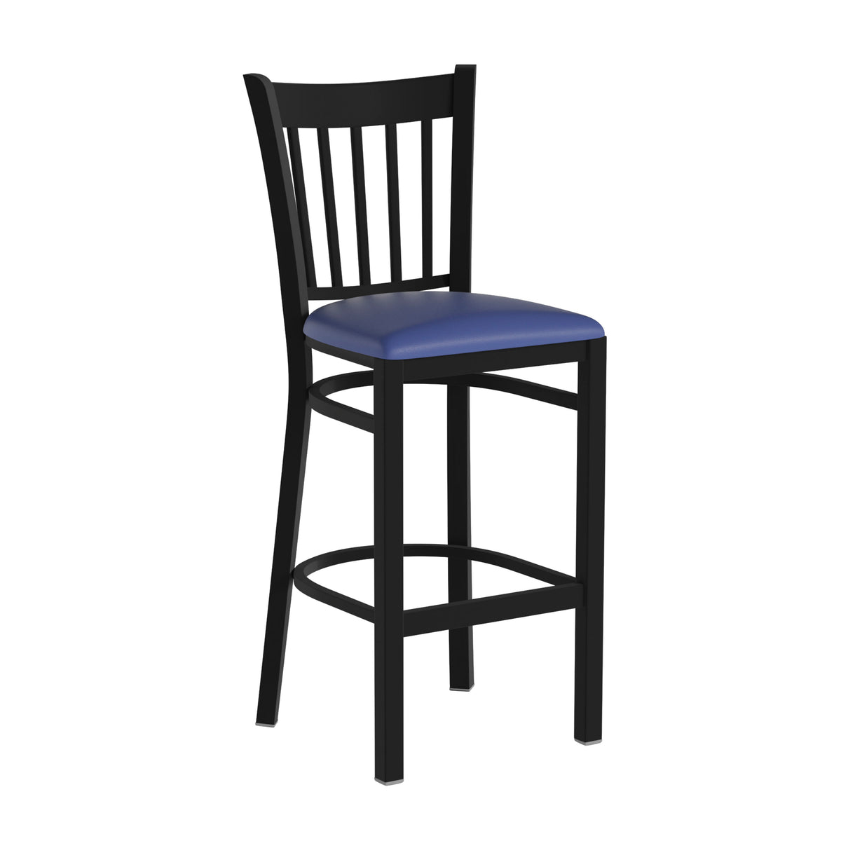 Blue Vinyl Seat/Black Metal Frame |#| Black Vertical Back Metal Restaurant Barstool - Blue Vinyl Seat