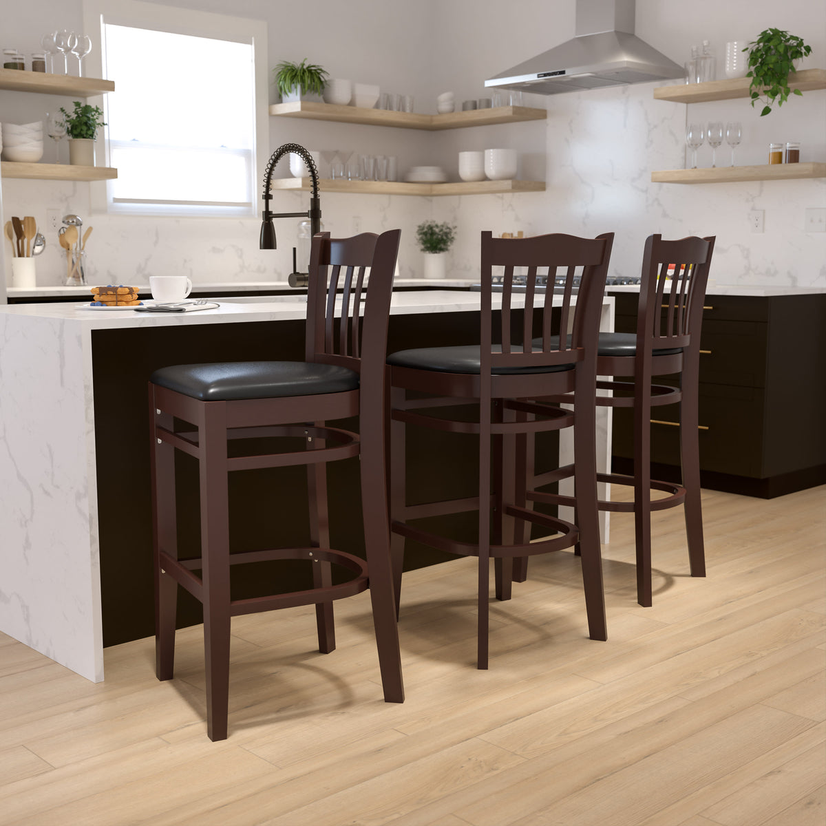 Black Vinyl Seat/Walnut Wood Frame |#| Vertical Slat Back Walnut Wood Restaurant Barstool - Black Vinyl Seat