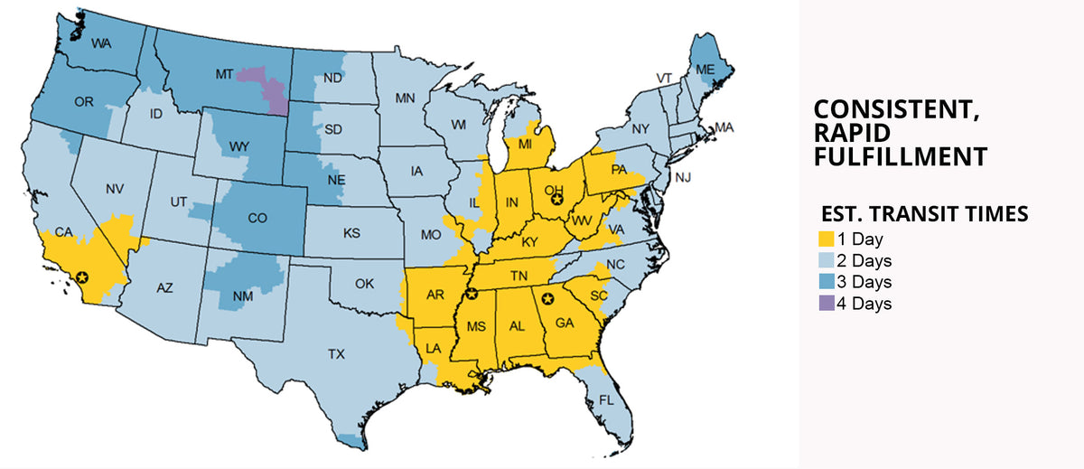 decpiction of shipping zones in the continental United States