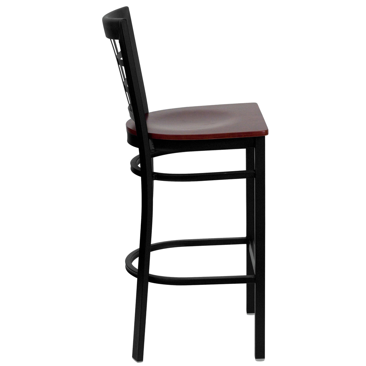 Mahogany Wood Seat/Black Metal Frame |#| Black Window Back Metal Restaurant Barstool - Mahogany Wood Seat