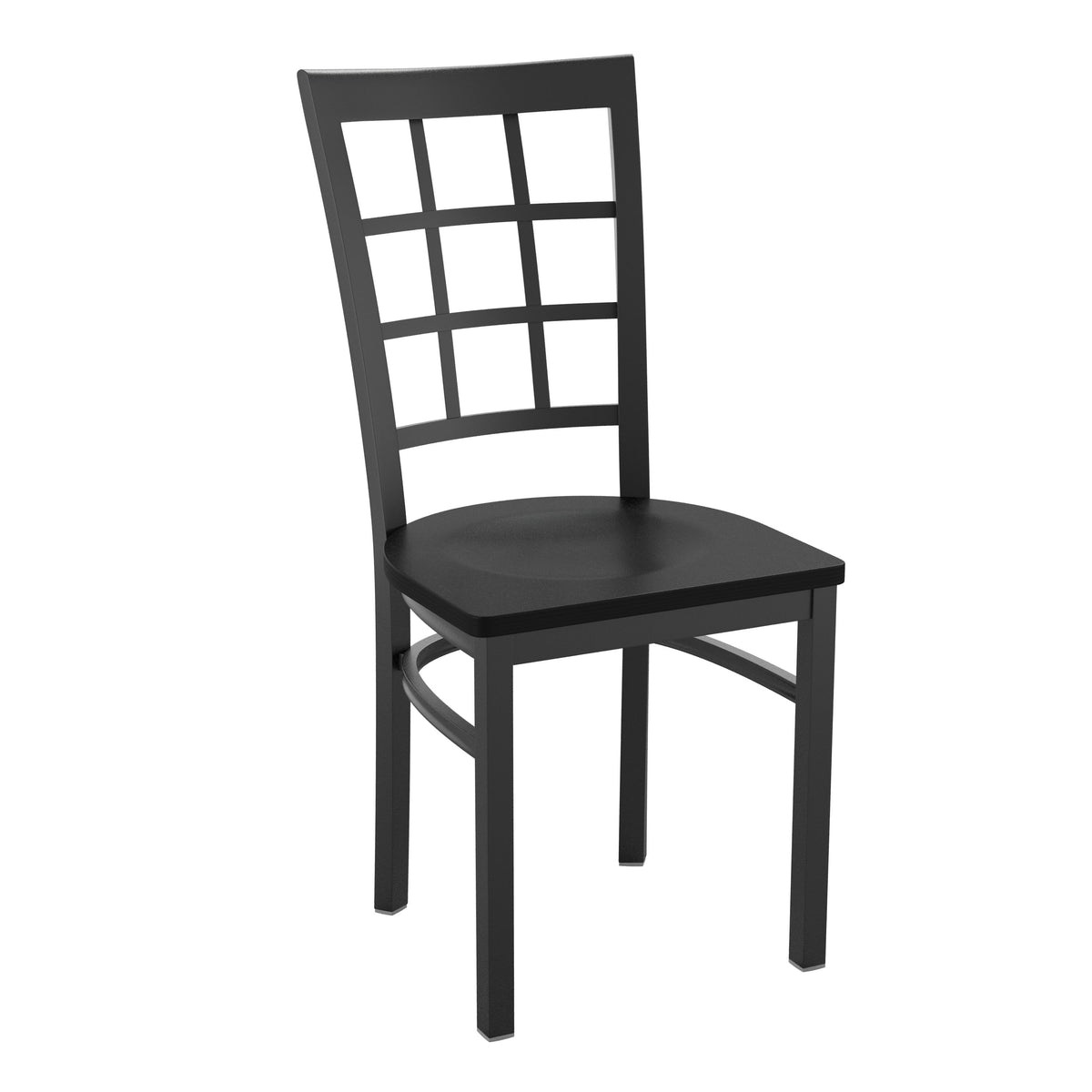 Black Wood Seat/Black Metal Frame |#| Black Window Back Metal Restaurant Chair - Black Wood Seat