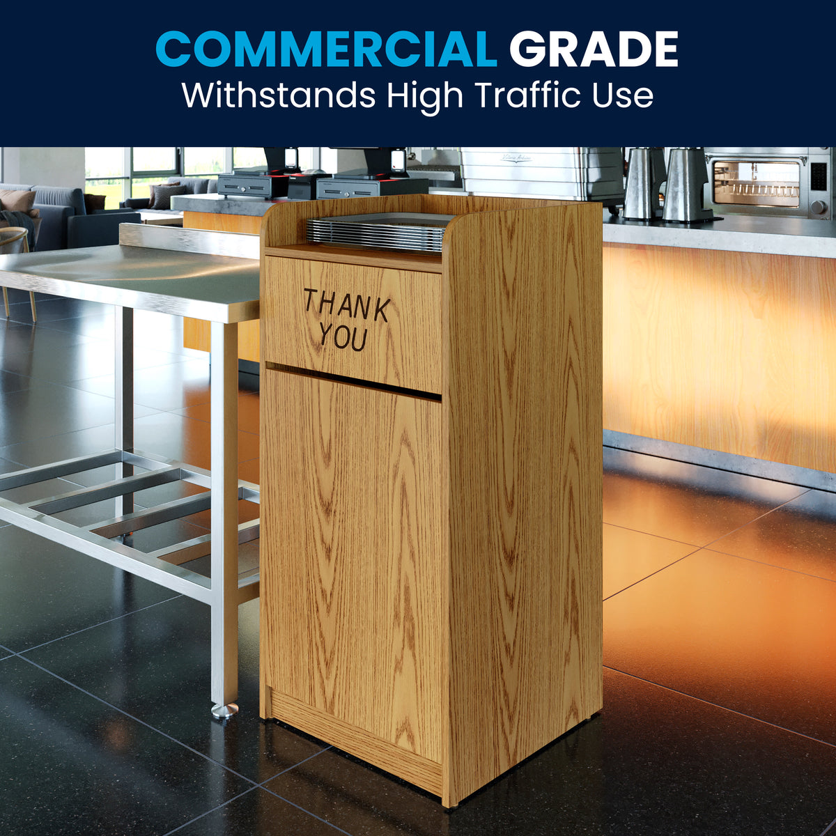 Oak |#| Wood Tray Top Receptacle in Oak - Commercial Grade Push Door Trash Can