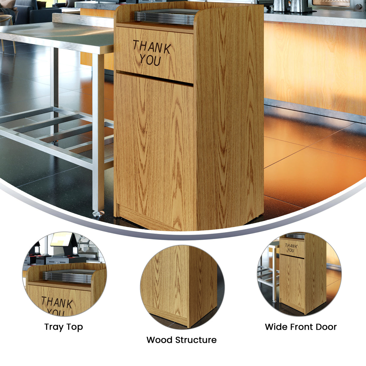 Oak |#| Wood Tray Top Receptacle in Oak - Commercial Grade Push Door Trash Can