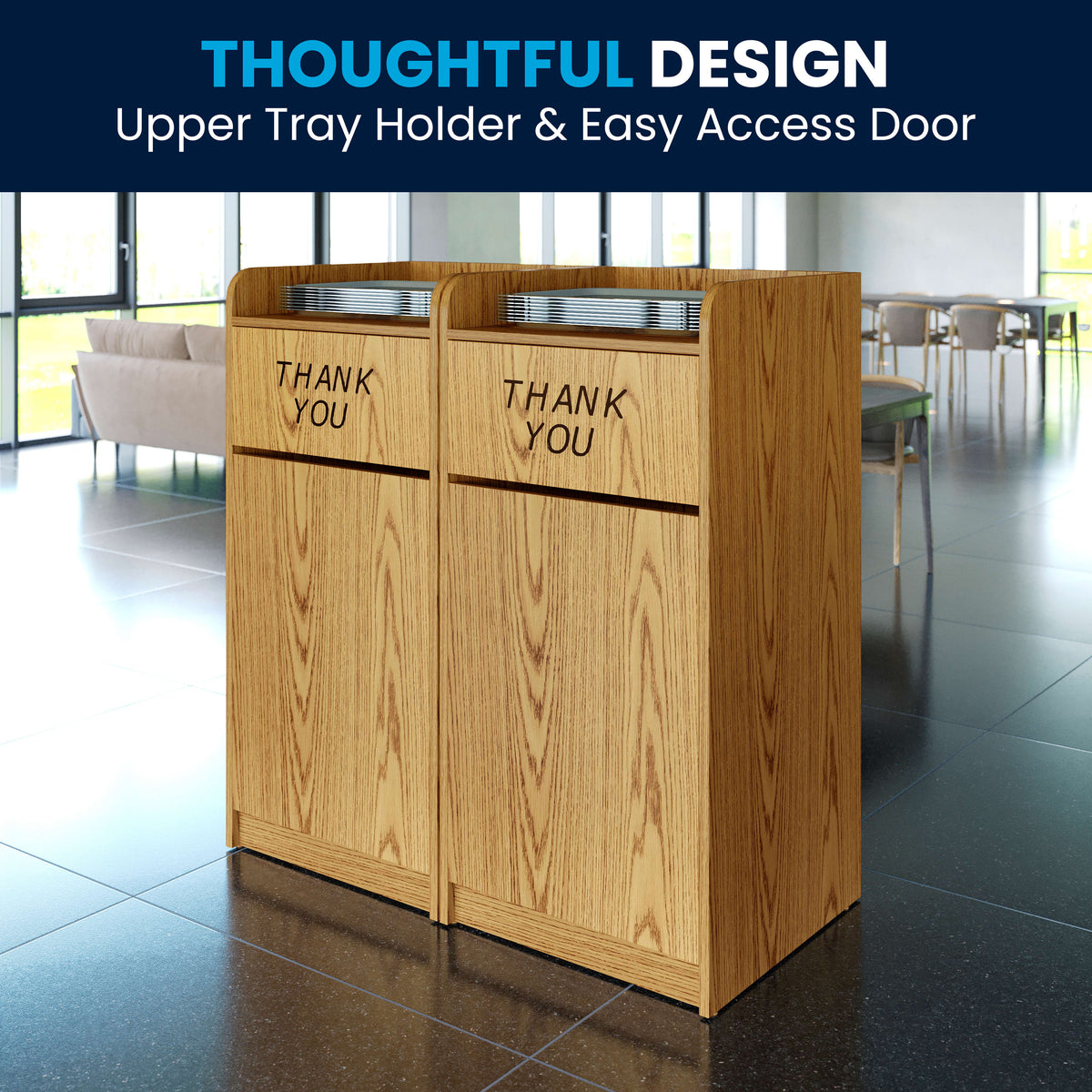 Oak |#| Wood Tray Top Receptacle in Oak - Commercial Grade Push Door Trash Can