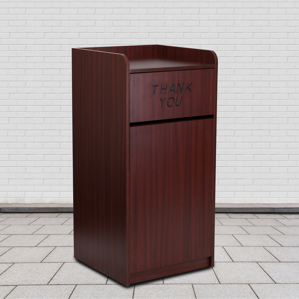 Mahogany |#| Wood Tray Top Receptacle in Mahogany - Commercial Grade Push Door Trash Can
