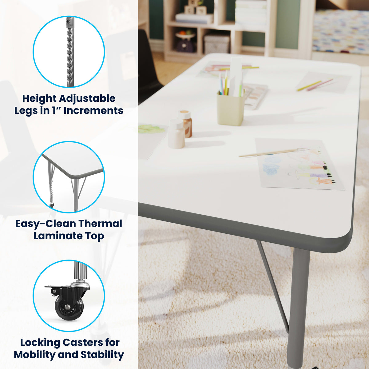 White Top/Silver Frame |#| Commercial Adjustable Height Rectangular Activity Table - Locking Casters-White