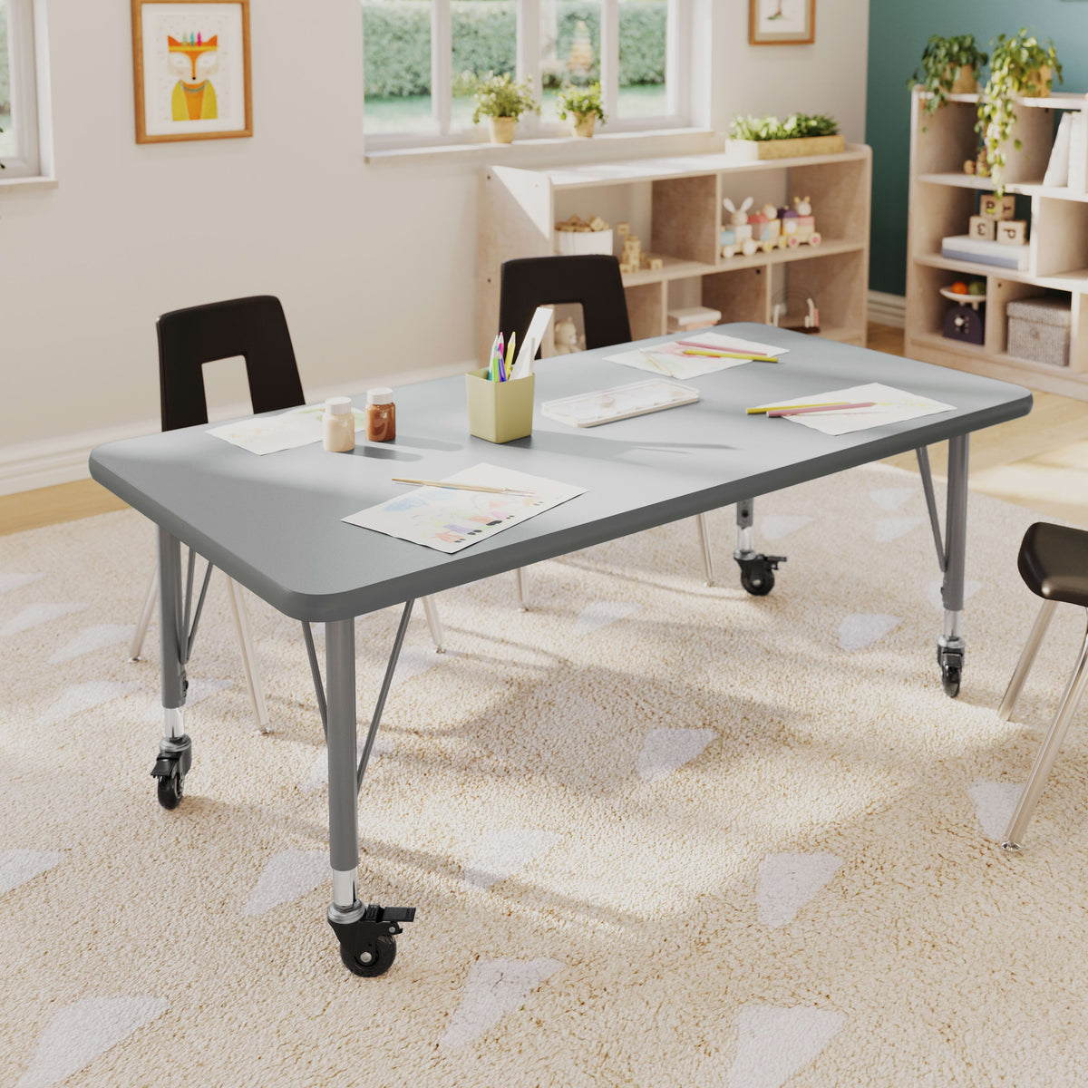 Gray Top/Silver Frame |#| Commercial Adjustable Height Rectangular Activity Table - Locking Casters-Gray