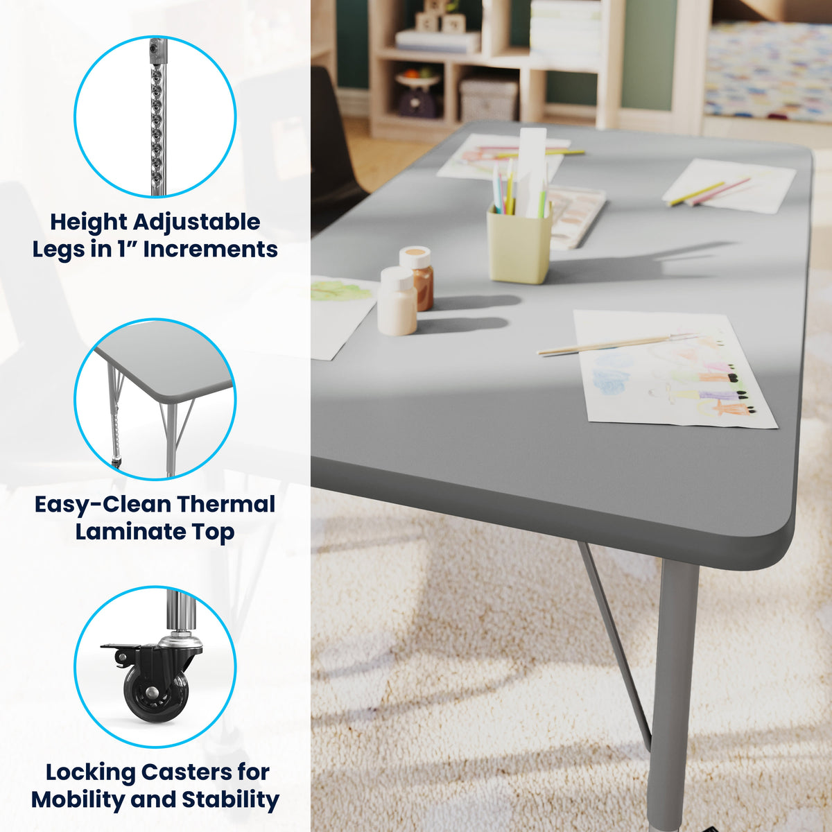 Gray Top/Silver Frame |#| Commercial Adjustable Height Rectangular Activity Table - Locking Casters-Gray