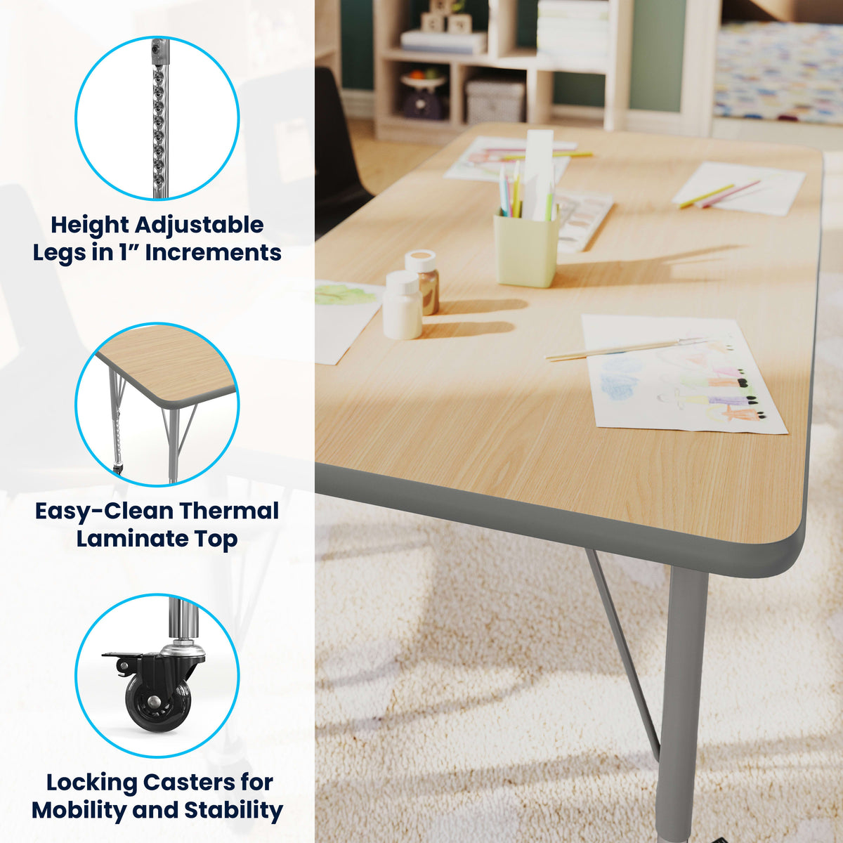 Light Natural Top/Silver Frame |#| Commercial Adjustable Height Rectangular Activity Table-Standard Legs in LT NAT