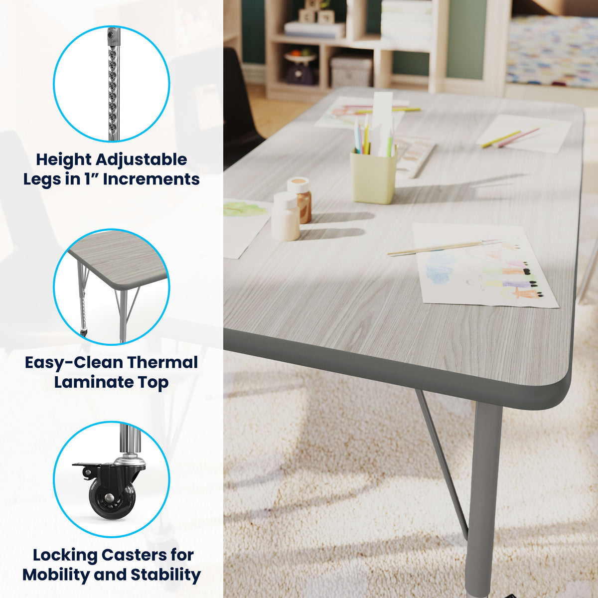 Light Gray Top/Silver Frame |#| Commercial Adjustable Height Rectangular Activity Table-Standard Legs in LTGY