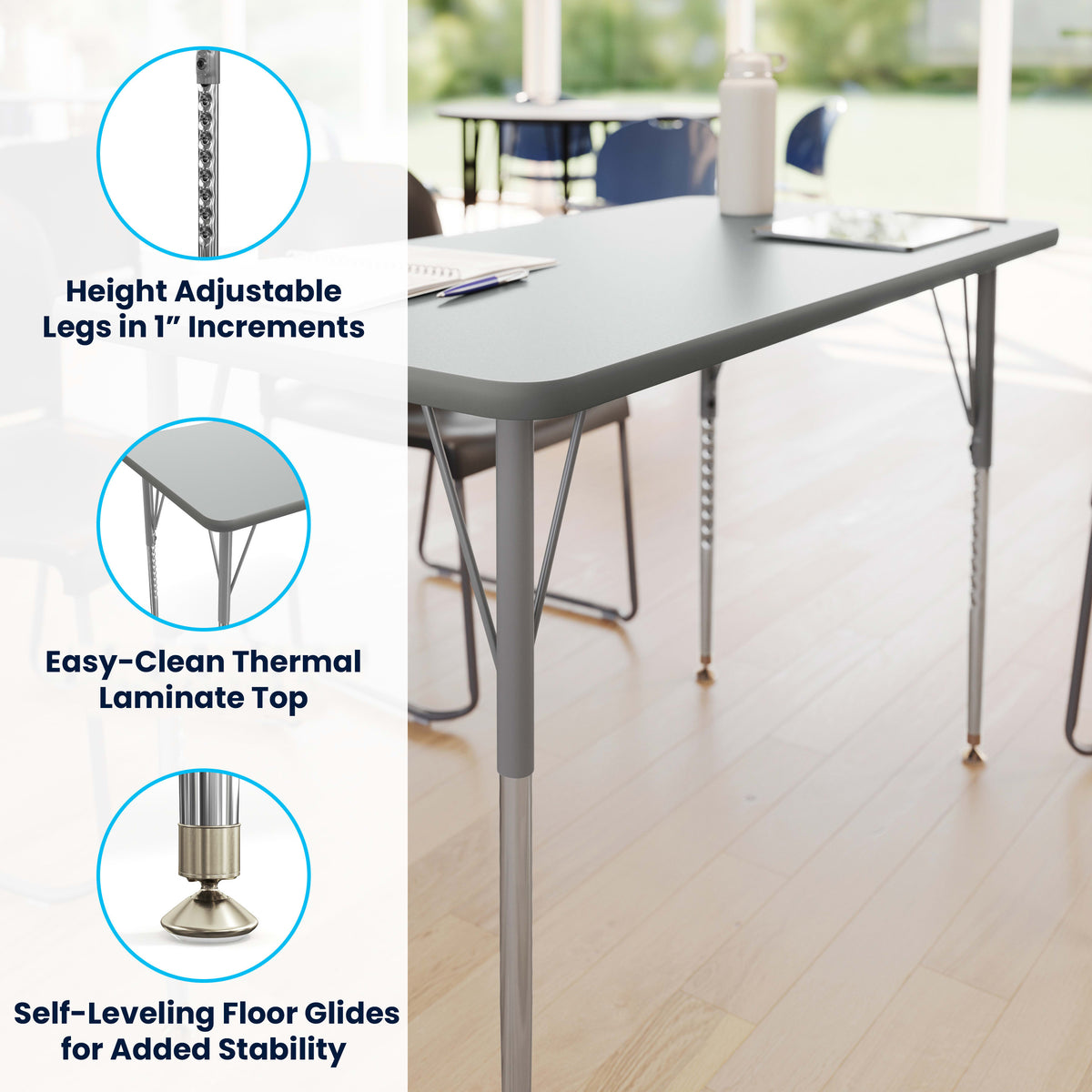 Gray Top/Silver Frame |#| Commercial Adjustable Height Rectangular Activity Table-Standard Legs in Gray
