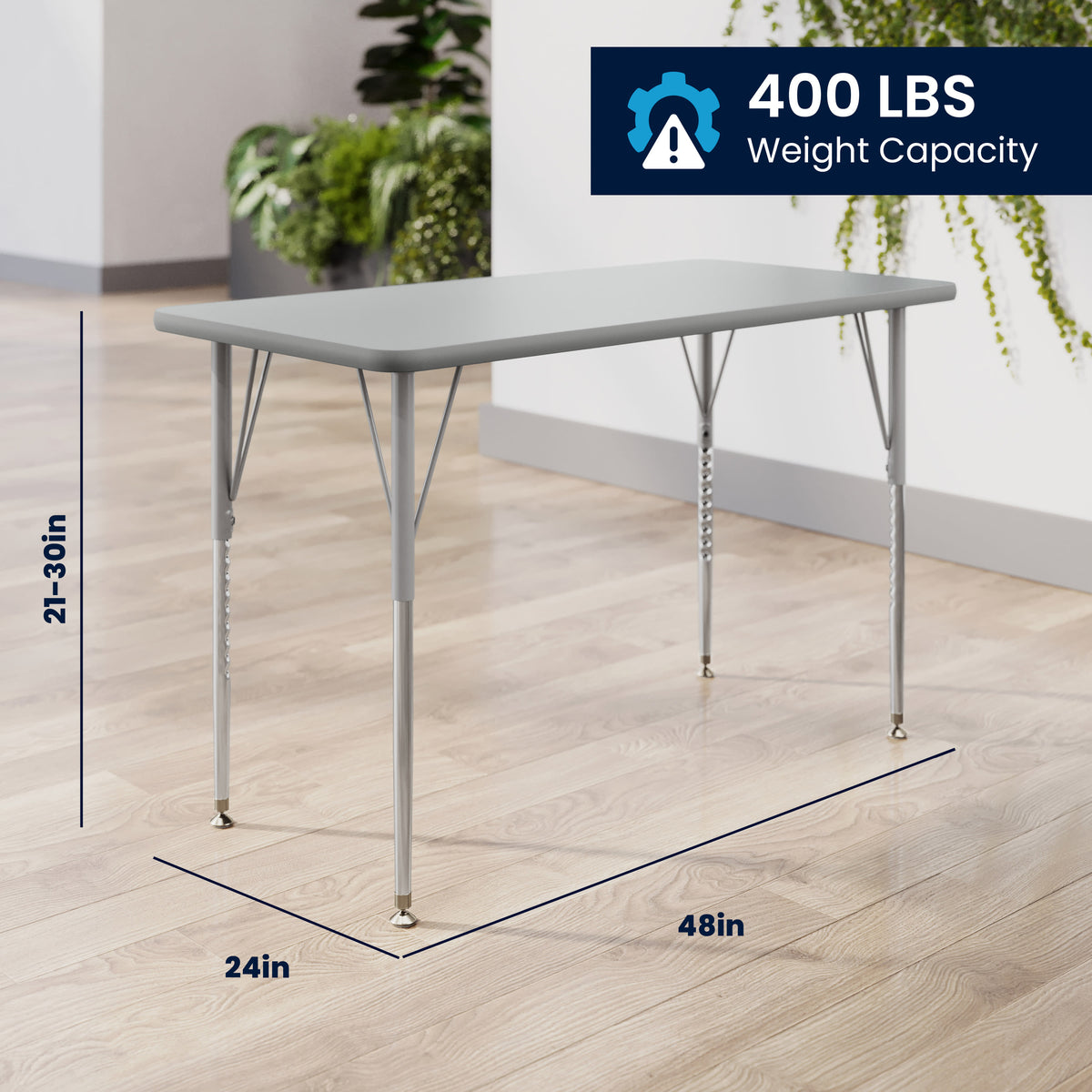 Gray Top/Silver Frame |#| Commercial Adjustable Height Rectangular Activity Table-Standard Legs in Gray
