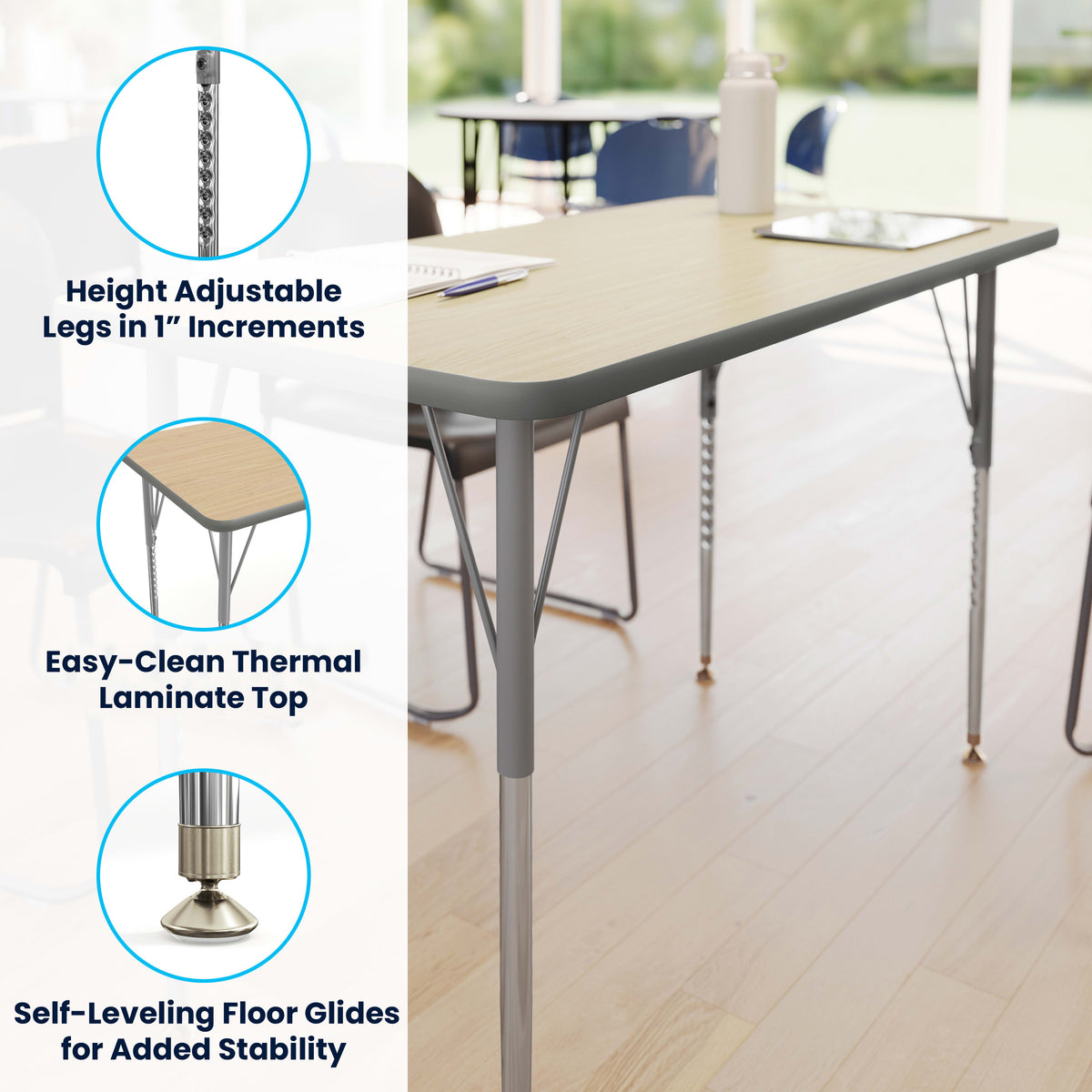Light Natural Top/Silver Frame |#| Commercial Adjustable Height Rectangular Activity Table - Standard Legs-LT NAT