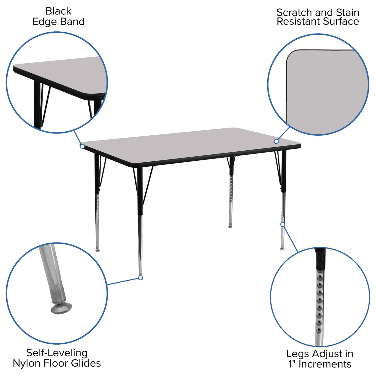 Gray Top/Black Frame |#| 24"W x 48"L Rectangular Grey Thermal Laminate Activity Table w/ Adjustable Legs