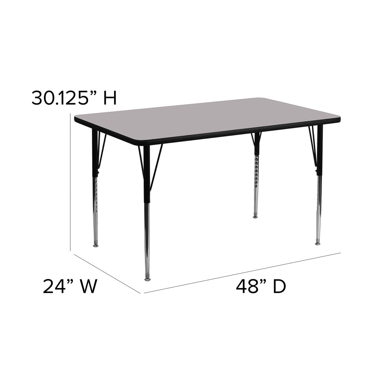 Gray Top/Black Frame |#| 24"W x 48"L Rectangular Grey Thermal Laminate Activity Table w/ Adjustable Legs