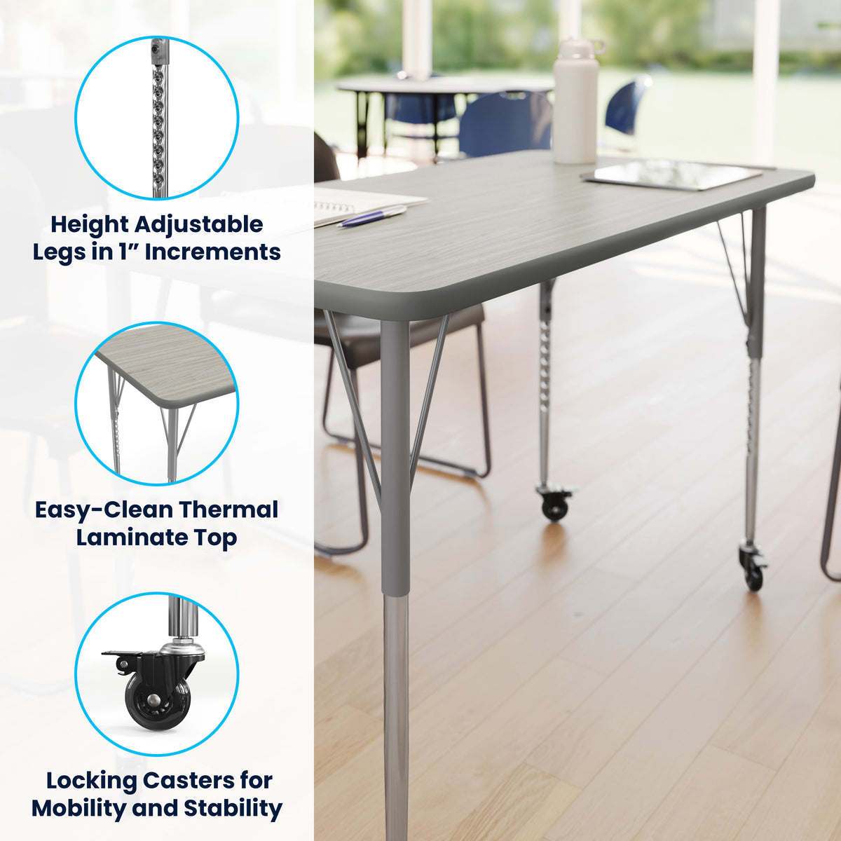 Light Gray Top/Silver Frame |#| Commercial Adjustable Height Rectangular Activity Table - Locking Casters-LTGY