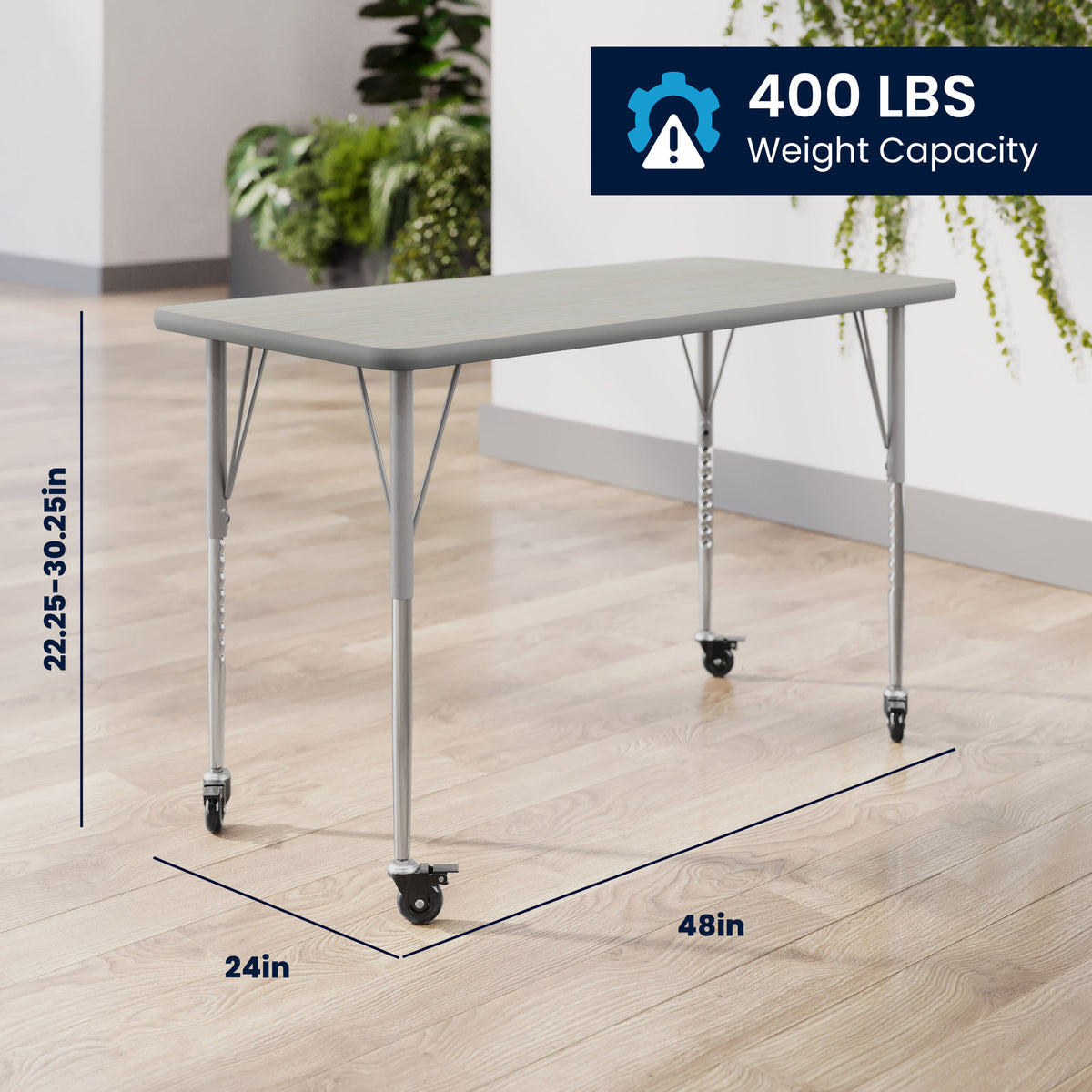 Light Gray Top/Silver Frame |#| Commercial Adjustable Height Rectangular Activity Table - Locking Casters-LTGY
