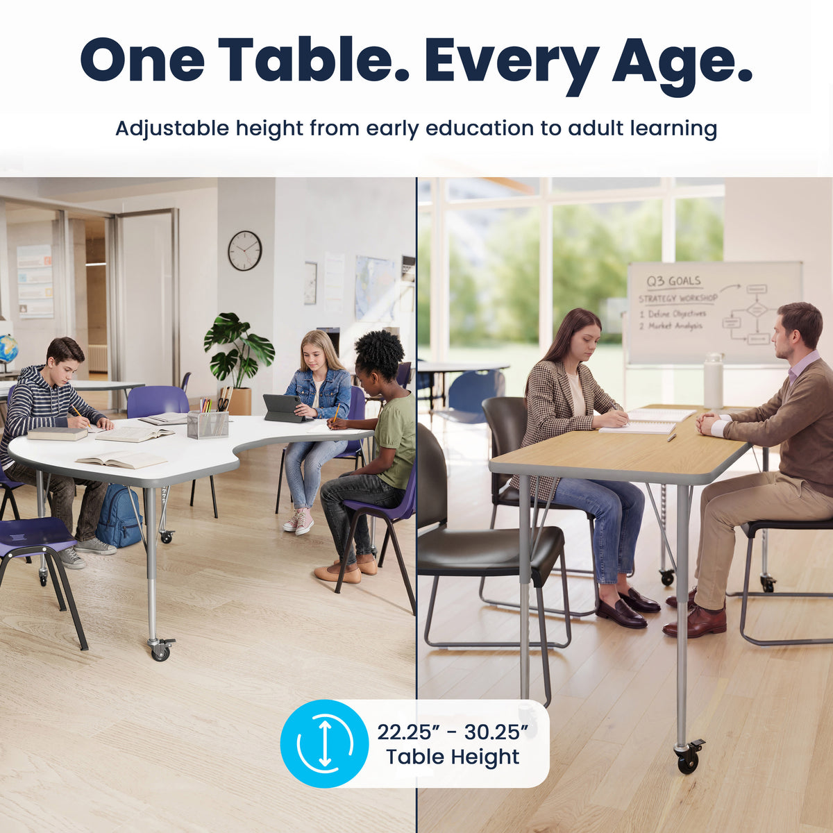 Light Gray Top/Silver Frame |#| Commercial Adjustable Height Rectangular Activity Table - Locking Casters-LTGY