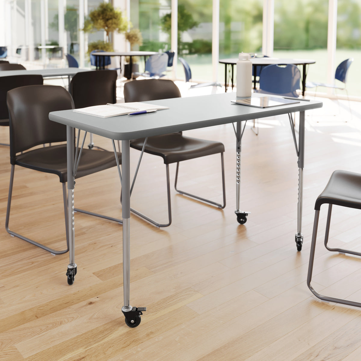 Gray Top/Silver Frame |#| Commercial Adjustable Height Rectangular Activity Table - Locking Casters-Gray