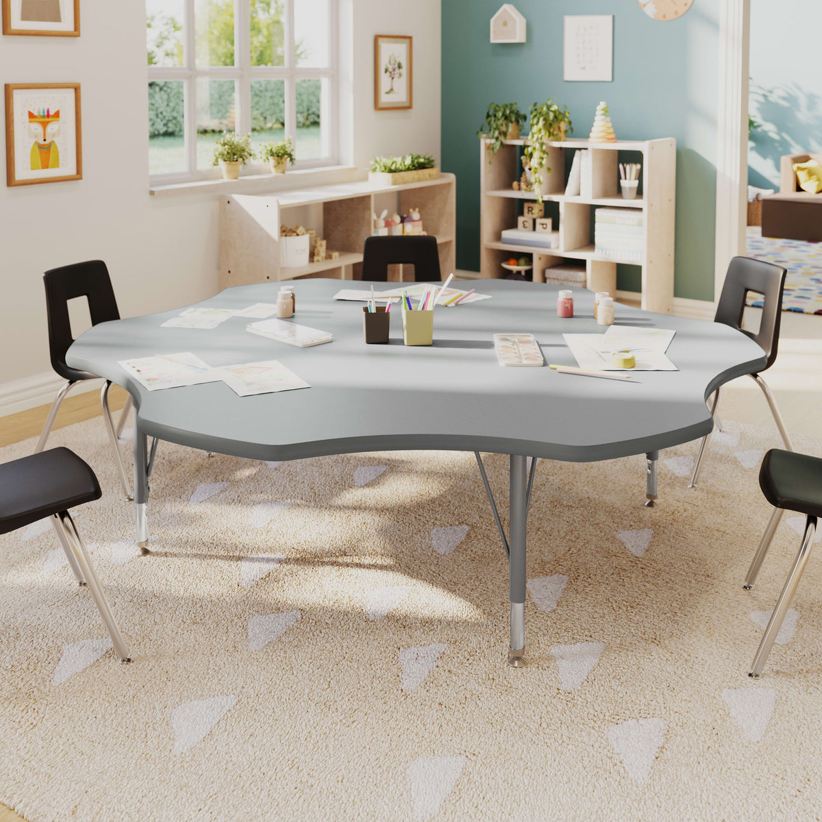 Gray Top/Silver Frame |#| Commercial Adjustable Height Flower Activity Table with Short Legs in Gray