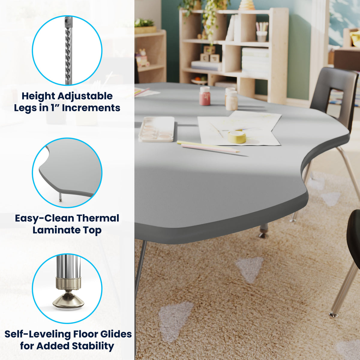 Gray Top/Silver Frame |#| Commercial Adjustable Height Flower Activity Table with Short Legs in Gray