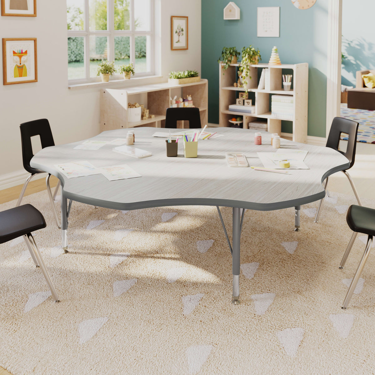 Light Gray Top/Silver Frame |#| Commercial Adjustable Height Flower Activity Table with Short Legs in Light Gray