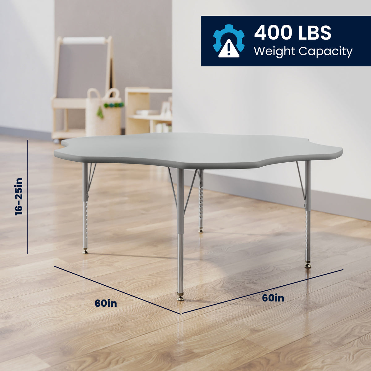 Gray Top/Silver Frame |#| Commercial Adjustable Height Flower Activity Table with Short Legs in Gray