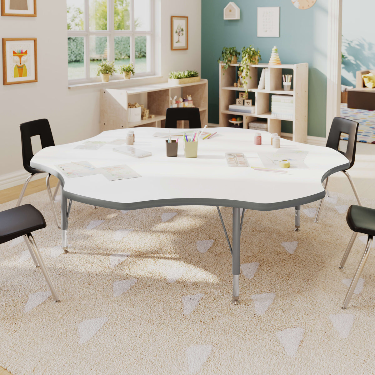 White Top/Silver Frame |#| Commercial Adjustable Height Flower Activity Table with Short Legs-White