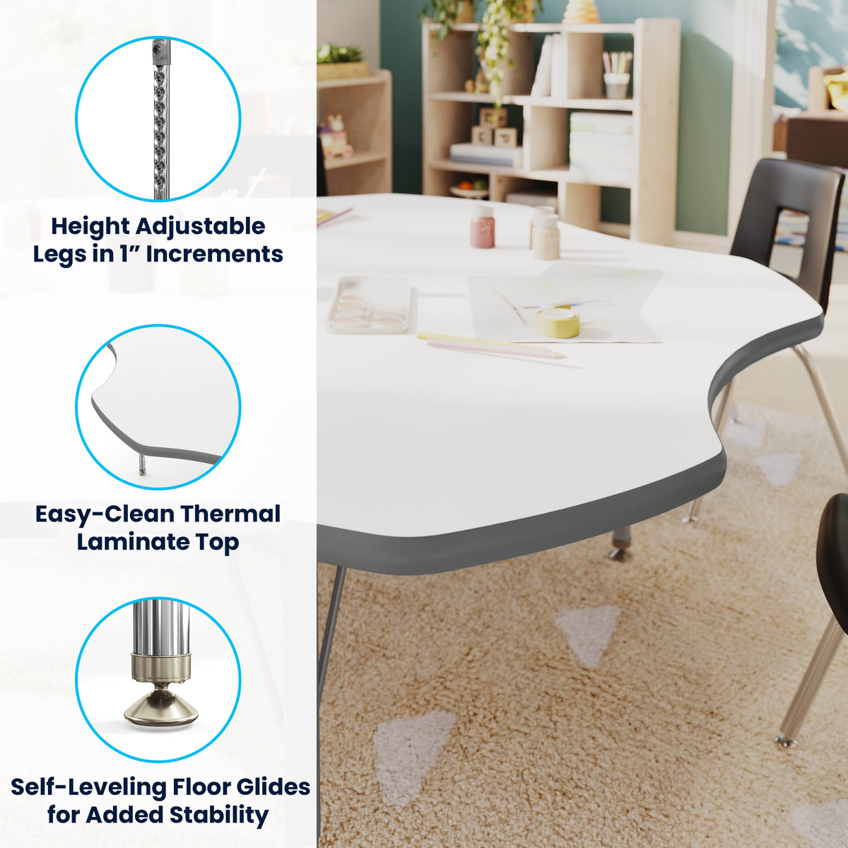 White Top/Silver Frame |#| Commercial Adjustable Height Flower Activity Table with Short Legs-White