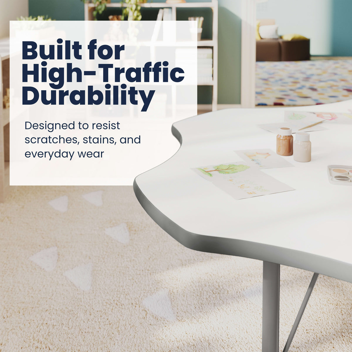 White Top/Silver Frame |#| Commercial Adjustable Height Flower Activity Table with Short Legs-White