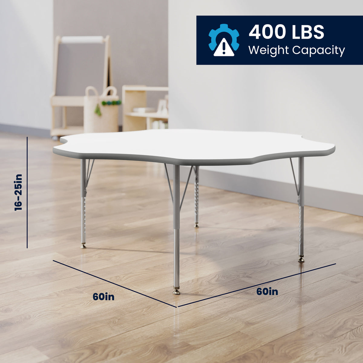 White Top/Silver Frame |#| Commercial Adjustable Height Flower Activity Table with Short Legs-White