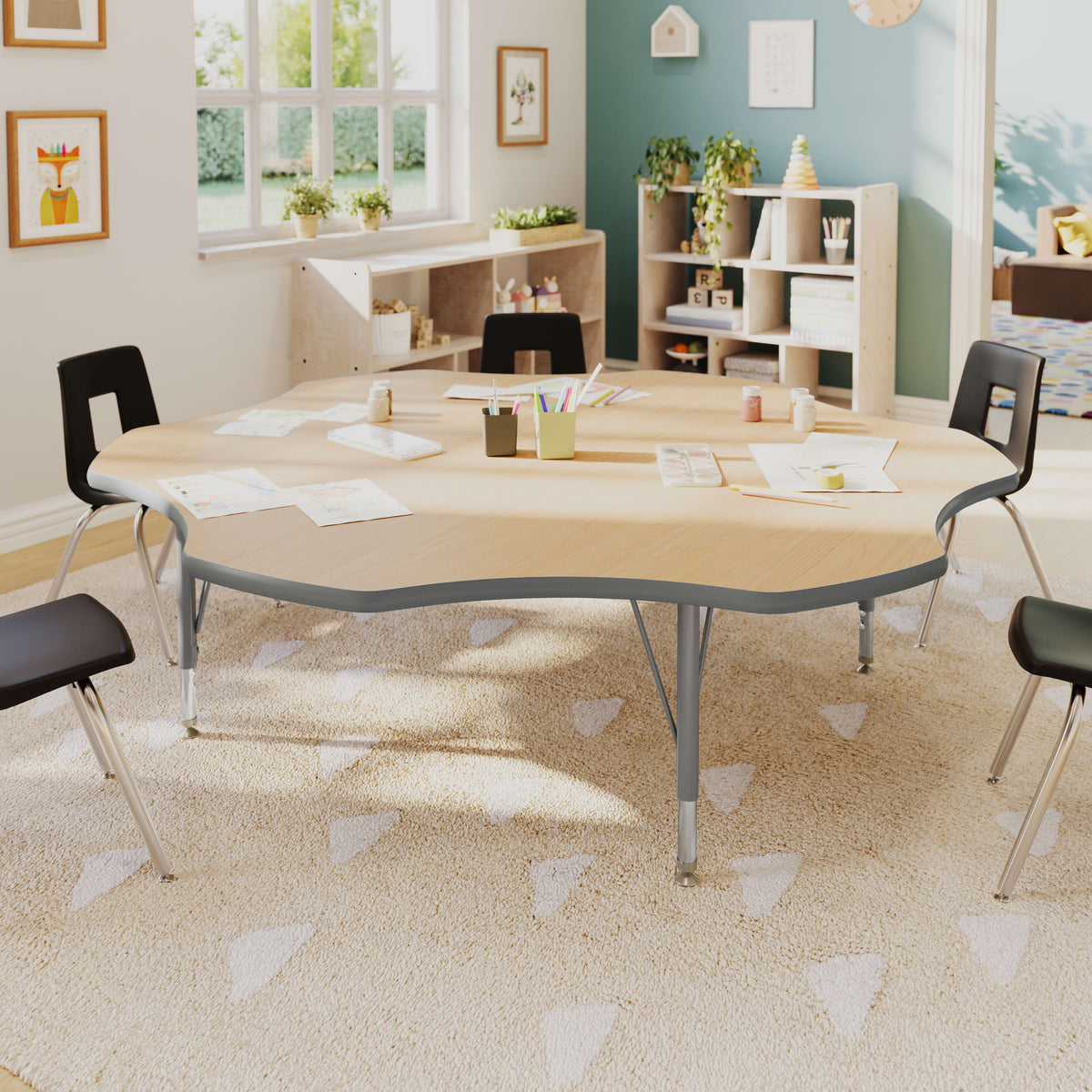 Light Natural Top/Silver Frame |#| Commercial Adjustable Height Flower Activity Table with Short Legs-LT NAT