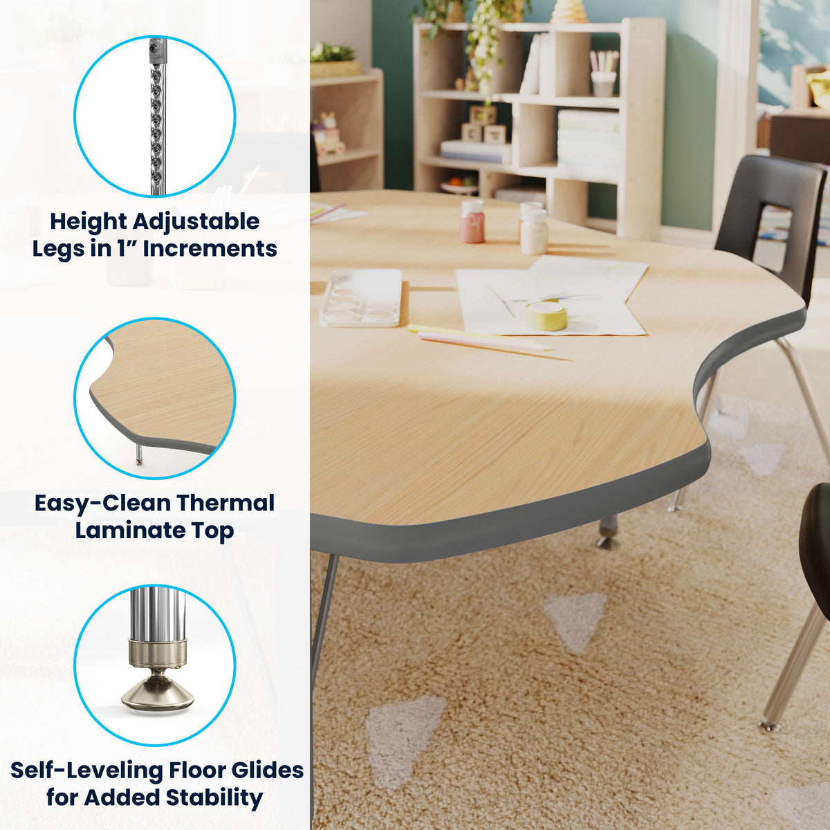 Light Natural Top/Silver Frame |#| Commercial Adjustable Height Flower Activity Table with Short Legs-LT NAT