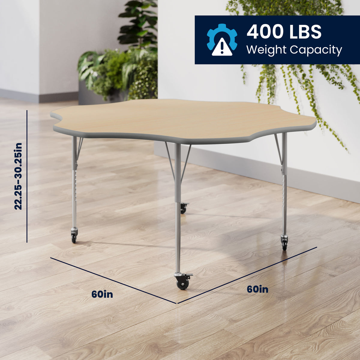Light Natural Top/Silver Frame |#| Commercial Adjustable Height Flower Activity Table with Locking Casters-LT NAT