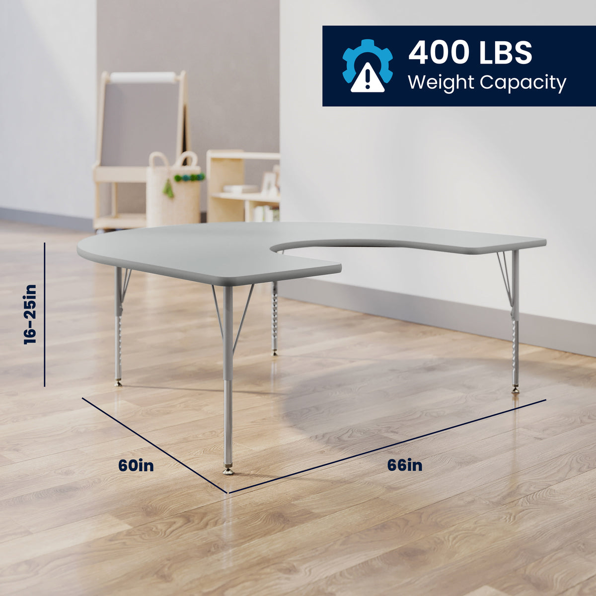 Gray Top/Silver Frame |#| Commercial Adjustable Height Horseshoe Activity Table with Short Legs in Gray