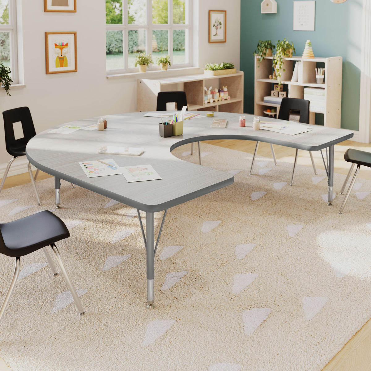 Light Gray Top/Silver Frame |#| Commercial Adjustable Height Horseshoe Activity Table with Short Legs in LTGY