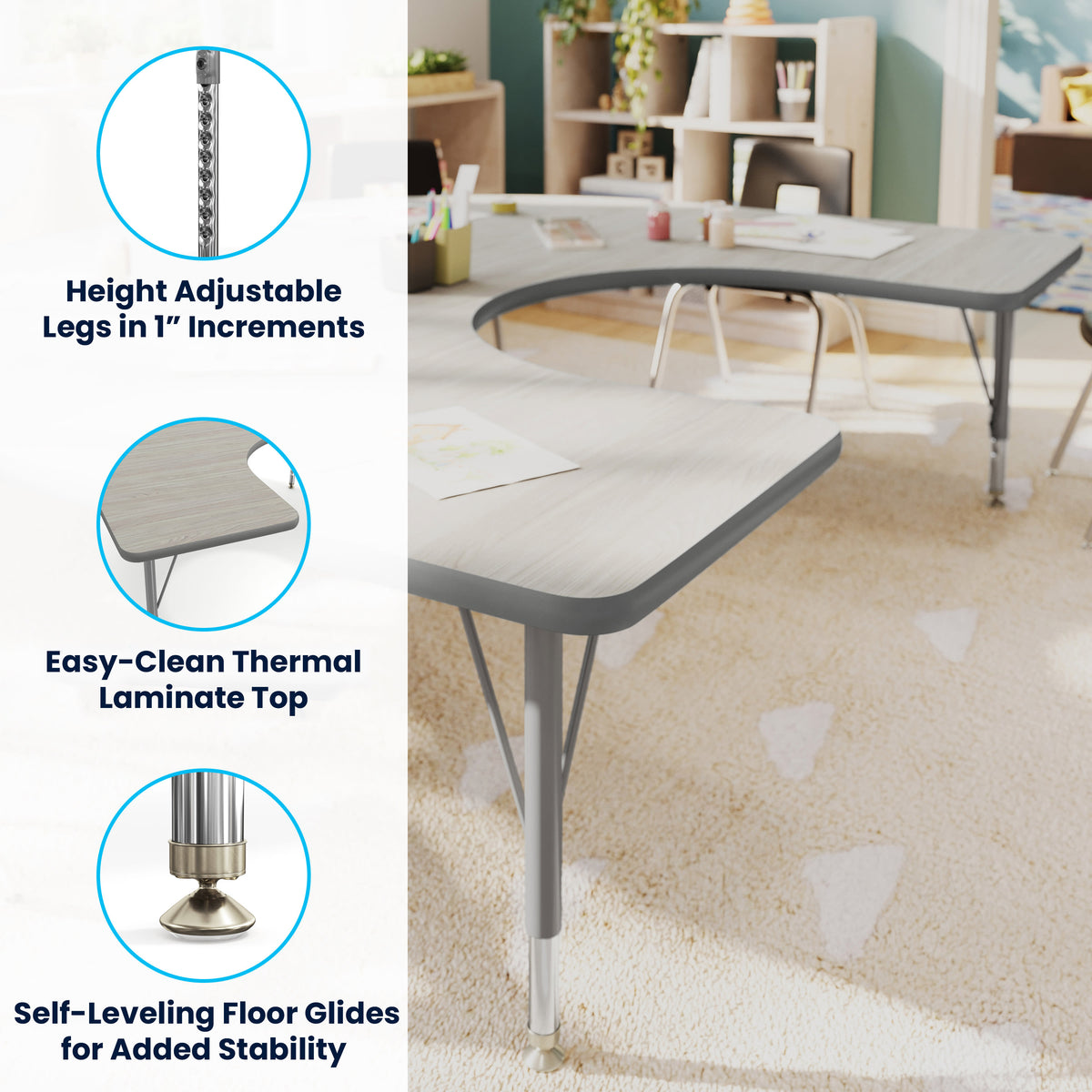 Light Gray Top/Silver Frame |#| Commercial Adjustable Height Horseshoe Activity Table with Short Legs in LTGY