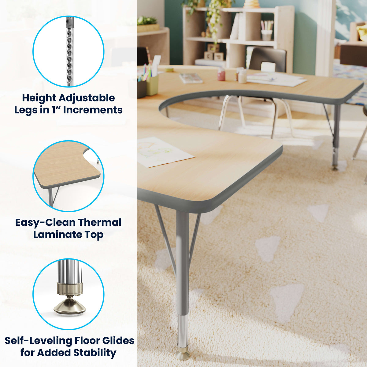Light Natural Top/Silver Frame |#| Commercial Adjustable Height Horseshoe Activity Table with Short Legs in LT NAT